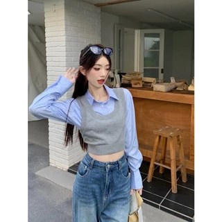 ส่งทันที Cici(NO. 01067)เสื้อครอปดีไซน์เก๋ เชิ๊ตคอปกแขนยาว เย็บติดคู่กับเสื้อกล้ามไหมพรม