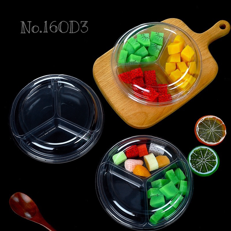 พร้อมส่ง (แพ็ค 25 ใบ) Food Box กล่องพลาสติก ถาด / วงแหวน 3 ช่อง ใส่ผลไม้ บราวนี่ดริป