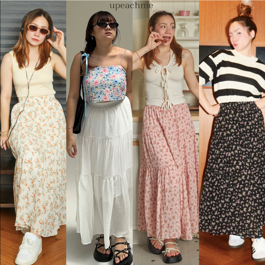 FONDUE SKIRT I กระโปรงยาวสีพื้น/ลายดอกไม้ แต่งระบายสามชั้น กระโปรงยาวยิปซีมีซับในทั้งตัว