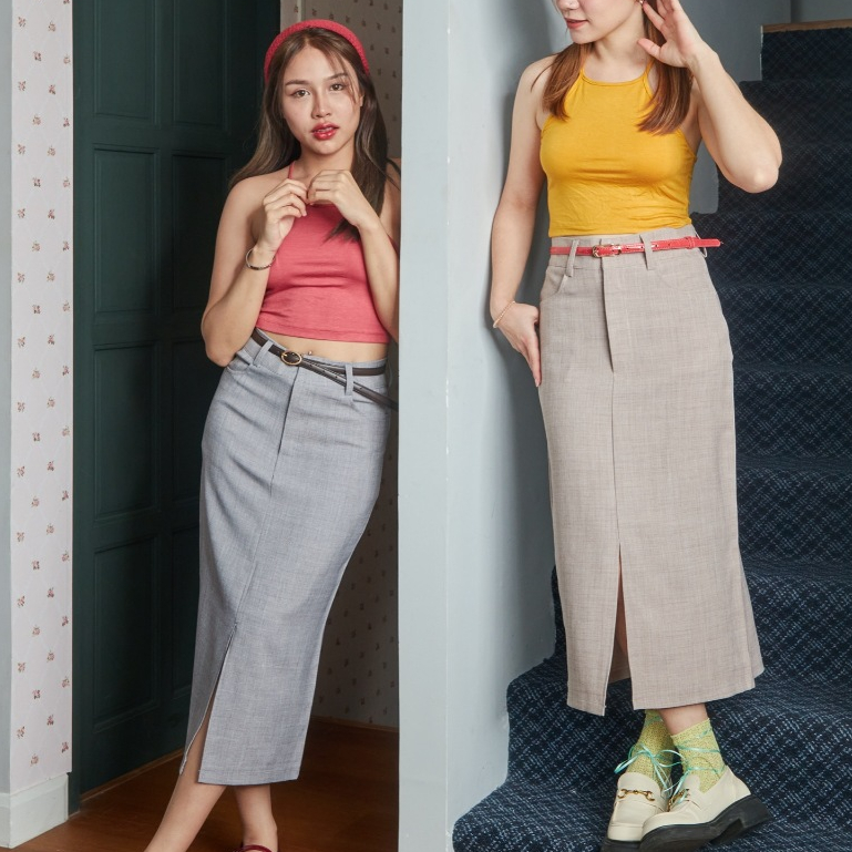 *มีส่งด่วน/ทันที* upeachme(J2-2.5) ALIVE LONG SKIRT (S-3XL) กระโปรงยาวผ่าหน้าสีพื้นมินิมอล เนื้อผ้าสวยมีลายในตัวเอง