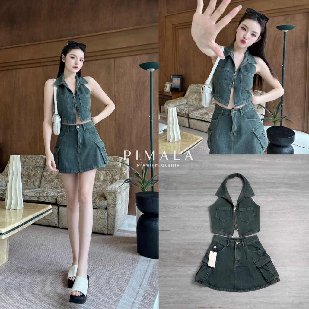 Pimala SETเสื้อ+กระโปรงสุดชิค เซ็ทเดนิมทรงเก๋กู้ดเสื้อซิปรูดด้านหน้า