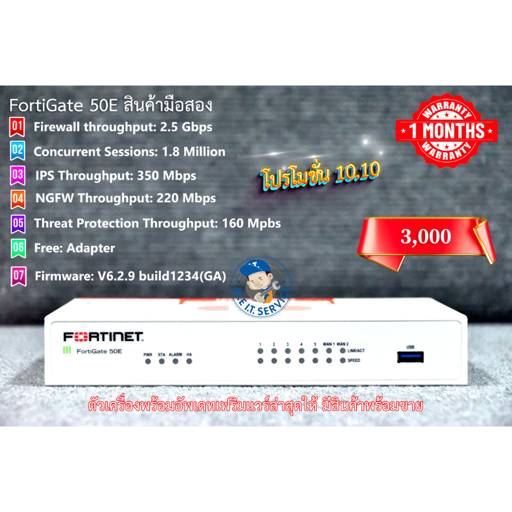 Firewall Fortigate 50E มือสอง (FG-50E) รับประกันสินค้า 1 เดือนมีสินค้าพร้อมขาย อัพเฟิร์มแวร์ล่าสุดให