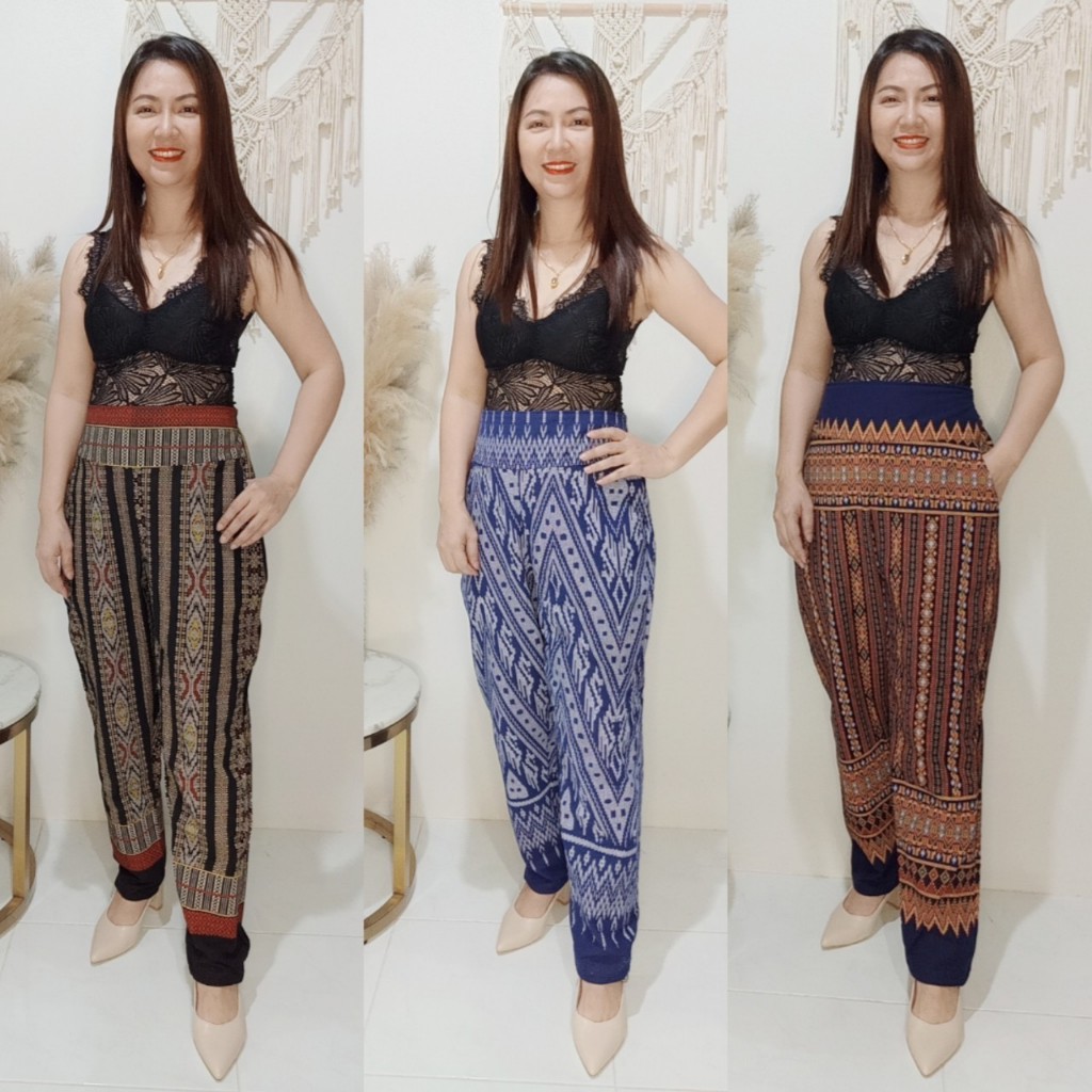 กางเกงขาเดฟ กางเกง ผ้าไทยครามพิมพ์ลาย มีกระเป๋า2ข้าง เองยางยืดหลัง เอว32-38สะโพก 32-42 ยาว38 นิ้วส่ง จากนครพนม ร้านคนไทย