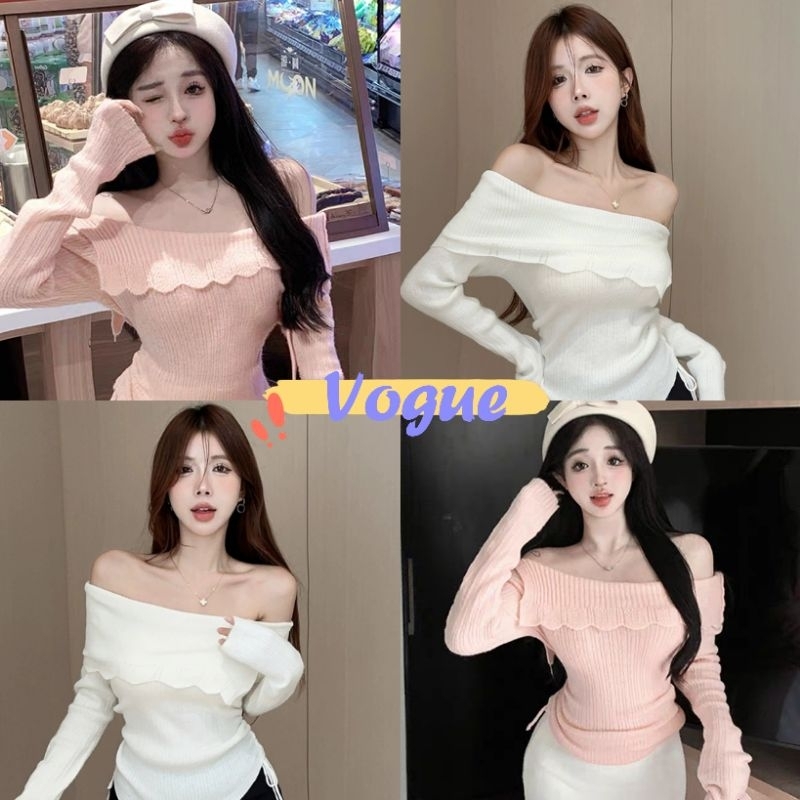 Vogue🌟พร้อมส่ง🌟 เสื้อแขนยาวเปิดไหล่ เสื้อแขนยาวเปิดไหล่สีพื้น (A112) -C