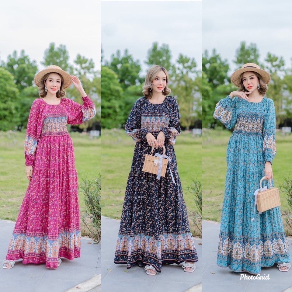 สินค้าพร้อมส่ง แม็กซี่เดรสผู้หญิงสไตล์โบฮีเมียน ชุดสาวอวบใส่เที่ยวทะเล ชุดเดรสอินเดีย เสื้อผ้ามุสลิม
