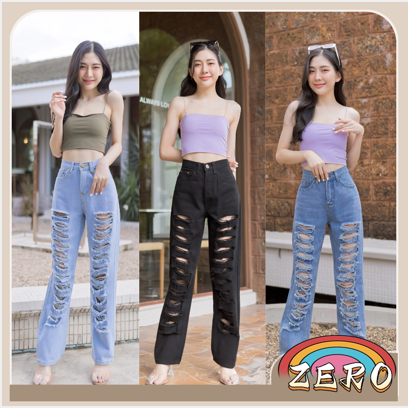 Cc jeans 195 S-5XL กางเกงยีนส์ผู้หญิง ทรงกระบอก เอวสูง แต่งขาดแฟชั่น