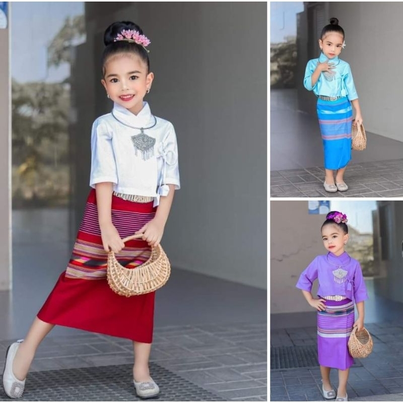 ชุดพื้นเมืองเด็ก  ชุดล้านนาเด็ก ชุดไทย ชุดเสื้อป้ายกาสะลองมี3สี ขาว ฟ้า ม่วง
