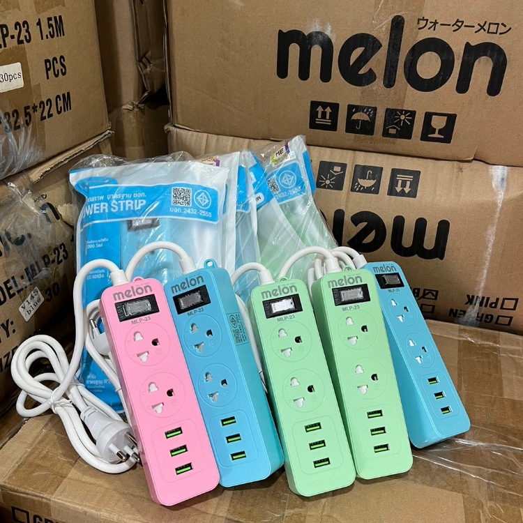 แพ็ค 5 ชิ้น (คละสี) ปลั๊กไฟ Melon / BONMECOM2 ปลั๊กไฟ Melon MLP-23 2 ช่อง 1 สวิตซ์ 3USB (1.5M) มี มอ