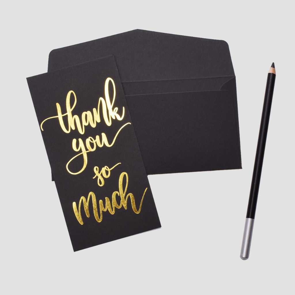 พร้อมส่งในไทย ถูกมาก การ์ดขอบคุณ Thank You Card สีดำ ตัวหนังสือสีทอง พร้อมซองสีดำ หรูหรา