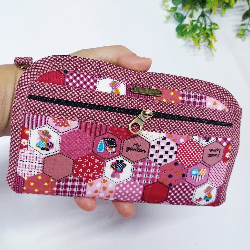 กระเป๋าสตางค์แฮนเมคกระเป๋าถือ3ช่อง2ชิปกลางกว้าง7.5สูง4.5ก้นพับ1นิ้วผ้าคอตตอลใส่แบงค์แบบไม่พับได้