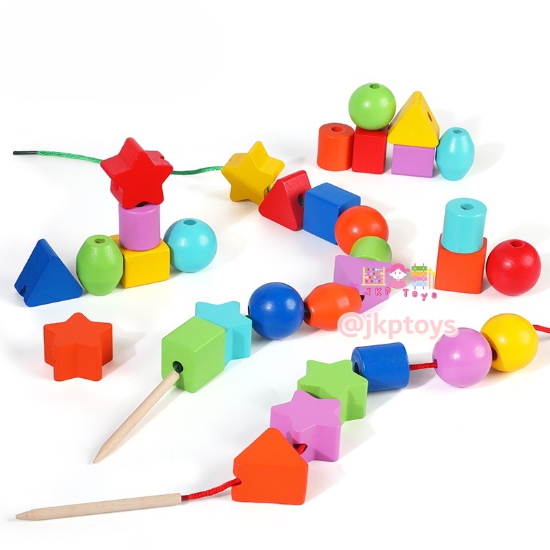 ของขวัญวันเกิด Todds & Kids Toys ของเล่นไม้เสริมพัฒนาการ ร้อยเชือกลูกปัดรูปทรง 42 ชิ้น ลูกปัดทรงเรขาคณิต ร้อยเชือก (2y+)
