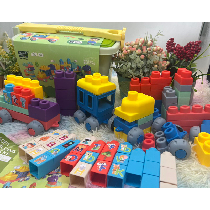 บล๊อคซิลิโคน 100ชิ้น size ใหญ่ พร้อมกล่องล้อลาก  diy building block ตัวต่อขนาดใหญ่ ตัวต่อยางนิ่ม บล๊อคตัวต่อขนาดใหญ่ ราคา ถูกที่สุด ดีลบีเคเค แกลเลอรีภาพที่ 2