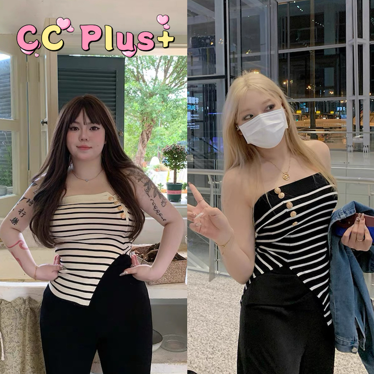 Cici Plus+(M679-1)เกาะอกผ้าไหมพรม ดีเทลแต่งขอบรุ่ย กระดุมหน้าแหวกข้าง ผ้ายืดใส่สบาย สไตล์สาวพลัสไซส์
