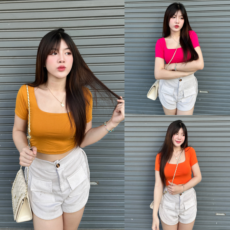 🌈SpinnyHouse🌈เสื้อครอปแขนสั้น คอเหลี่ยม ใส่แล้วพรางหุ่นสุด 💚 ผ้าเรย่อนสาวอวบใส่แน่นอนค่า  รุ่น 193 M304A