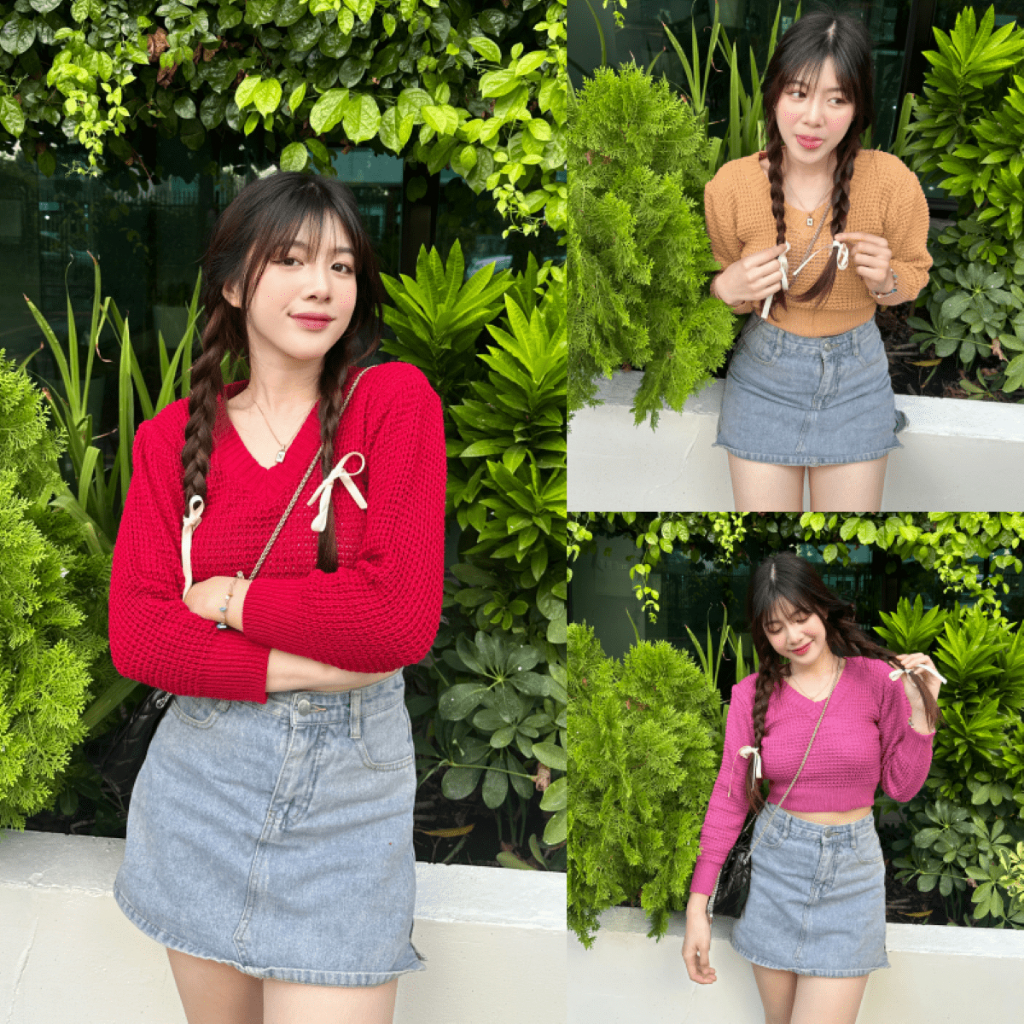 SpinnyHouse เสื้อกันหนาว ผ้าไหมพรม ผ้าถักไหมพรม รุ่น คอวีไหมพรม B-048-3-A