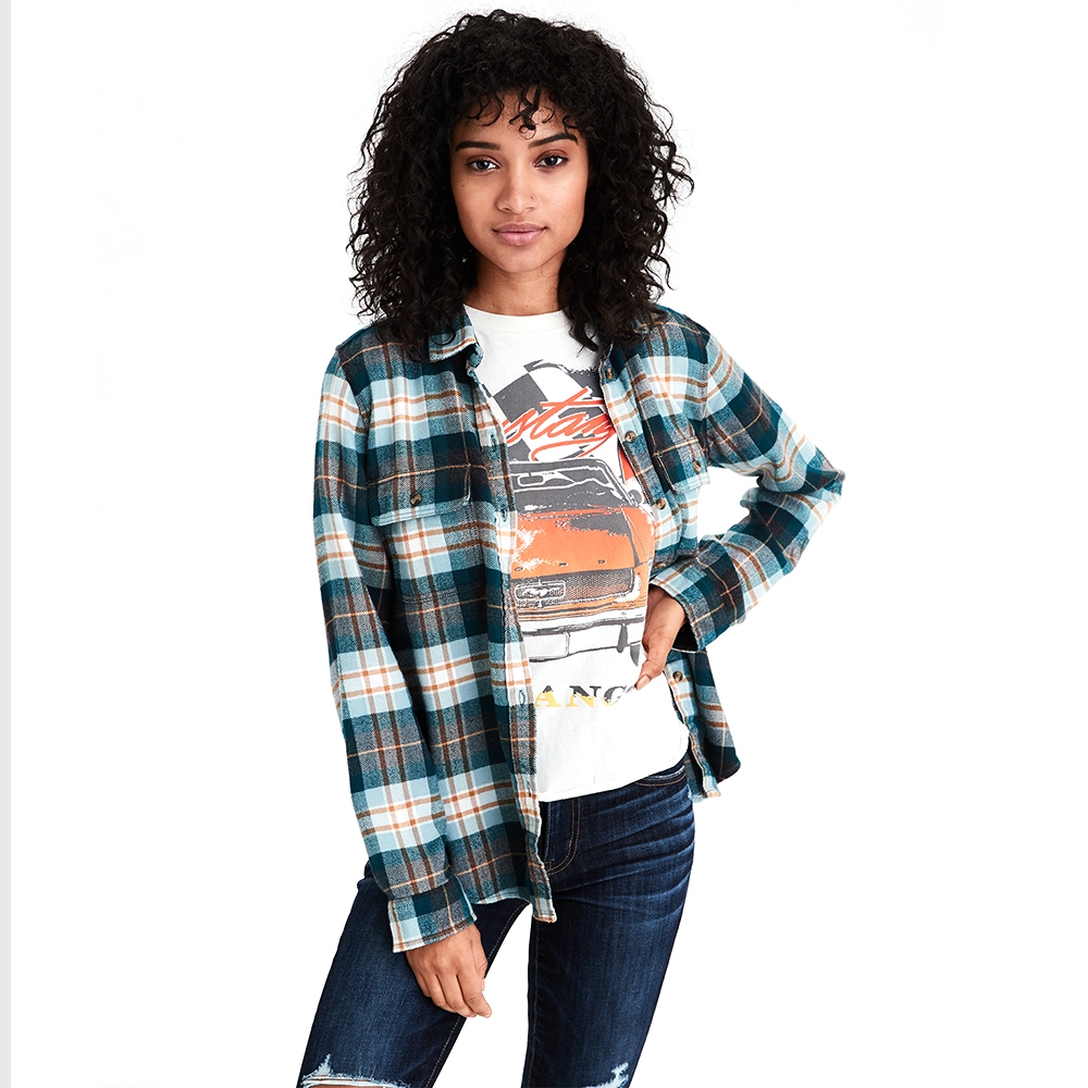 American Eagle เสื้อเชิ้ตผู้หญิง CORE TRANS PLAID CABIN SHIRT สี TEAL - 035-8980-395