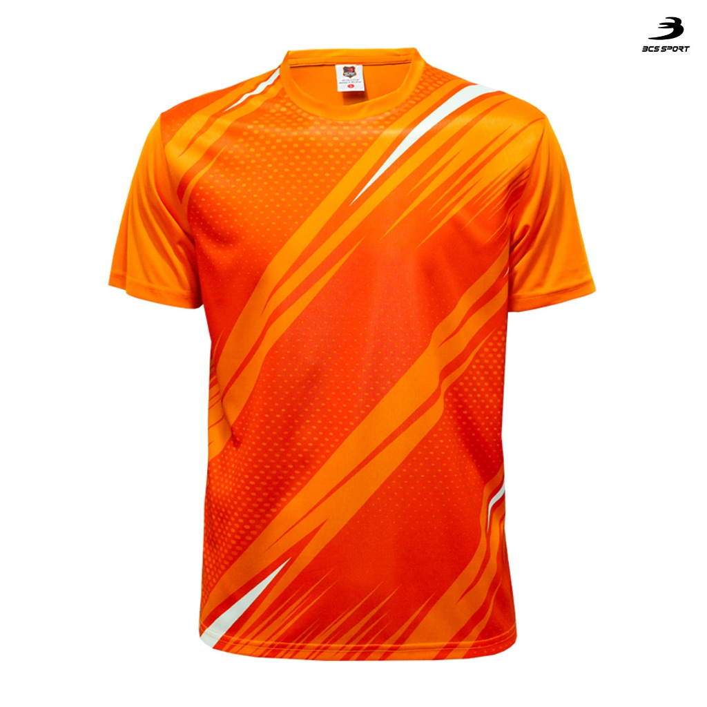 BCS SPORT เสื้อพิมพ์ลาย/กีฬา คอกลม สีส้ม UNISEX เนื้อผ้า MICRO PLUS+ มีไซส์เด็กละผู้ใหญ่ รหัส J9016/J9018