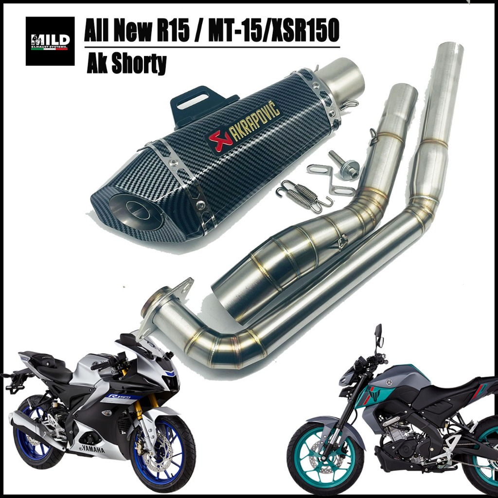 ชุดท่อ All new R15 / MT-15 ปลาย Akrapovic Shorty (12นิ้ว) ยาว12นิ้ว โต 3.55 นิ้ว สวมคอ 2 นิ้ว พร้อมคอท่อตรงรุ่น