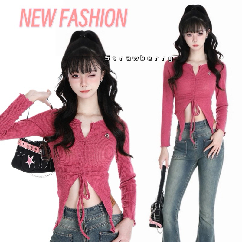 พร้อมส่ง เสื้อครอปแขนยาว ผ้าไหมพรม คอวี เข้ารูป มีเชือกผูกเสื้อ ผ้านุ่มสวย เอวลอย เซ็กซี่เบาๆ crop top สำหรับผู้หญิง