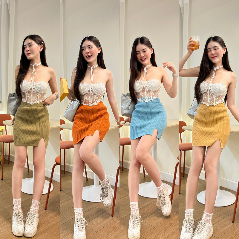 🌈SpinnyHouse🌈กระโปรงสั้นทรงเอ ผ่าข้าง ผ้าไหมพรมหนา 🦪 ต้อนรับลมหนาว รุ่น ยาหยี B-048-2-A