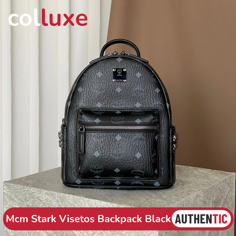 👜กระเป๋า MCM Mini Stark Visetos Side Studded Backpack Black #Mini #Small #Medium กระเป๋าเป้ Visetos Canvas สีดำ