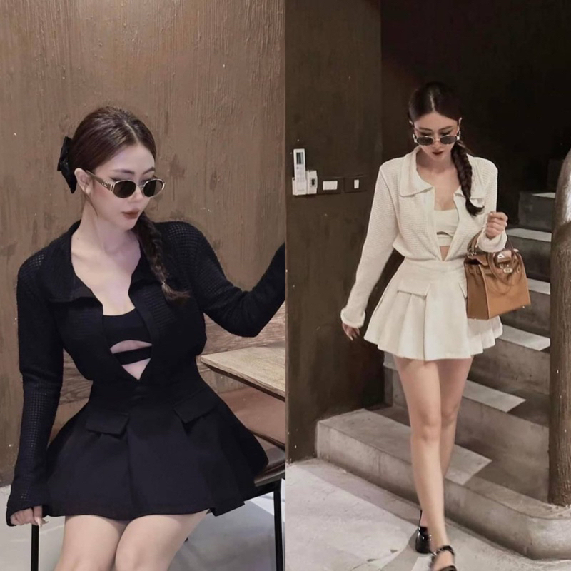 Teera พร้อมส่ง ชุดเซต3ชิ้น เสื้อครอปตัวในสมอคหลังสายเดี่ยว เสื้อคลุมรังผึ้งแขนยาว กระโปรงจับจีบแต่งกระเป๋าหลอก