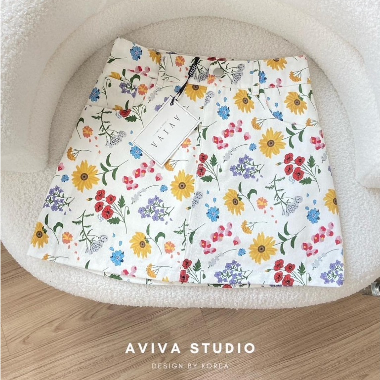 ♥️ALC♣️ Aviva Studio กระโปรงกางเกง ลายดอกไม้ งานผ้ายีนส์แท้ เกรด Hi-end