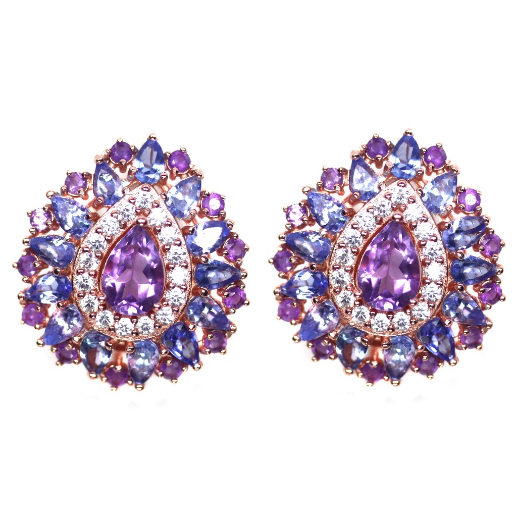 ต่างหูพลอยแท้ อเมทิสต์ (Amethyst) 6 x 9 mm. ล้อม แทนซาไนท์ เมทิสต์ เพชร-cz เงินแท้ 925 ชุบนาค (rose 