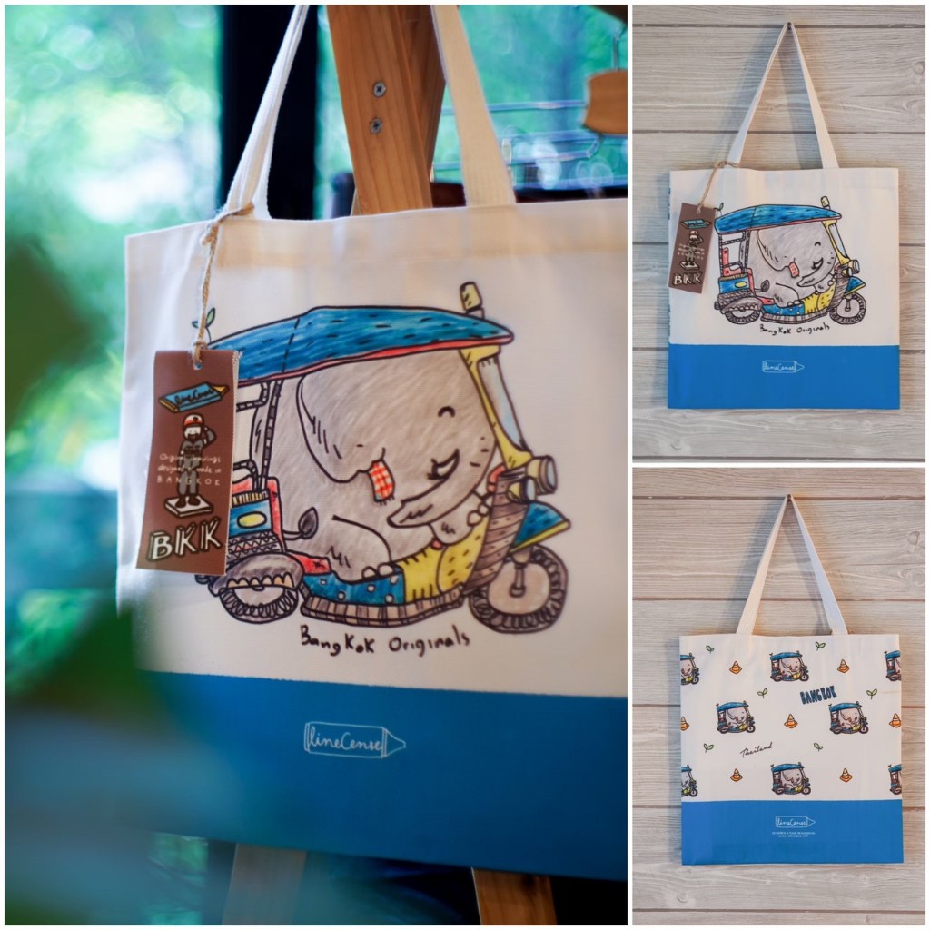 " Elephant Tuk Tuk " canvas tote bag กระเป๋าผ้าแคนวาสสีขาว ลายช้างขี่ตุ๊กๆ