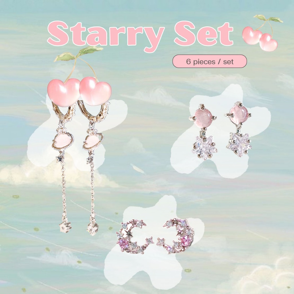 Fairybaby ต่างหู Starry Set เงินแท้ ต่างหูน่ารัก แฟชั่น เซทต่างหู 6 ชิ้น (E3-035)