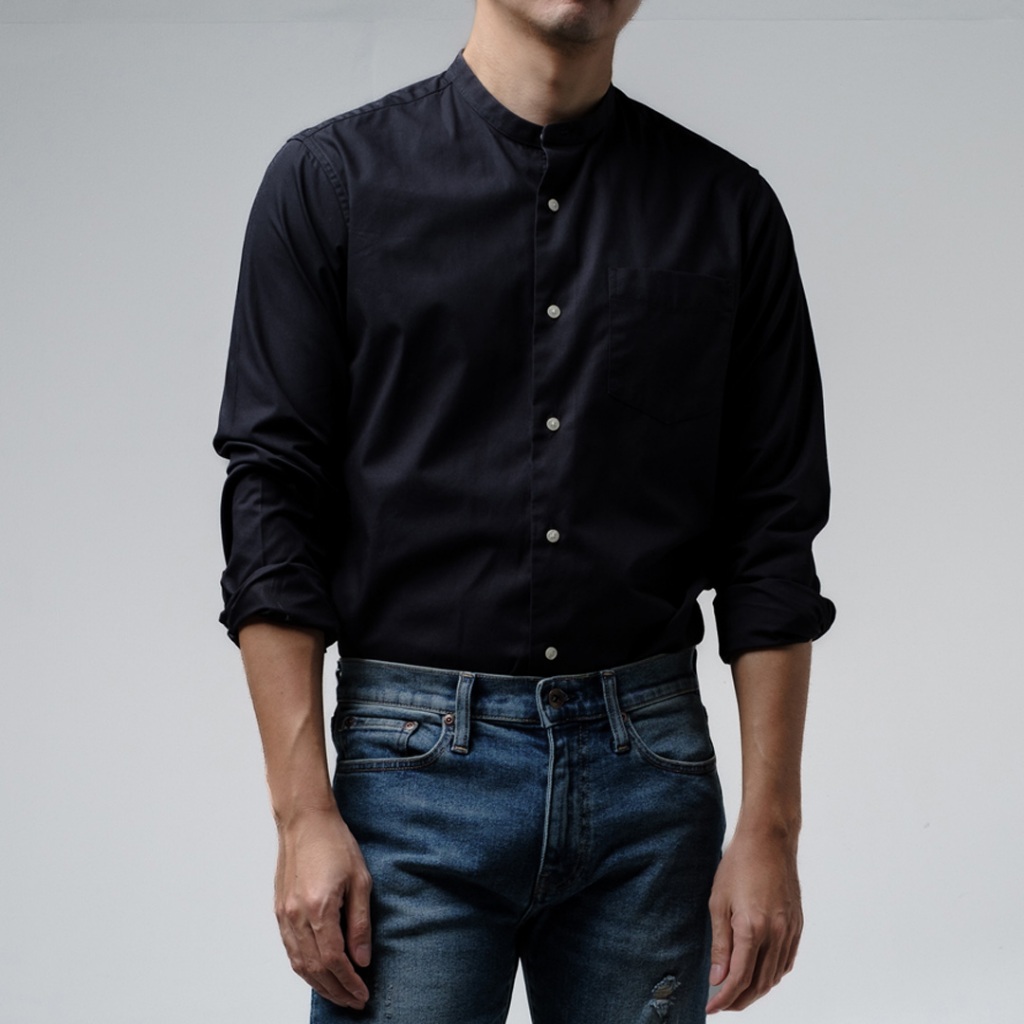 era-won เสื้อเชิ้ต ทรงปกติ คอจีน Premium Quality Dress Shirt แขนยาว สี Black คอจีน