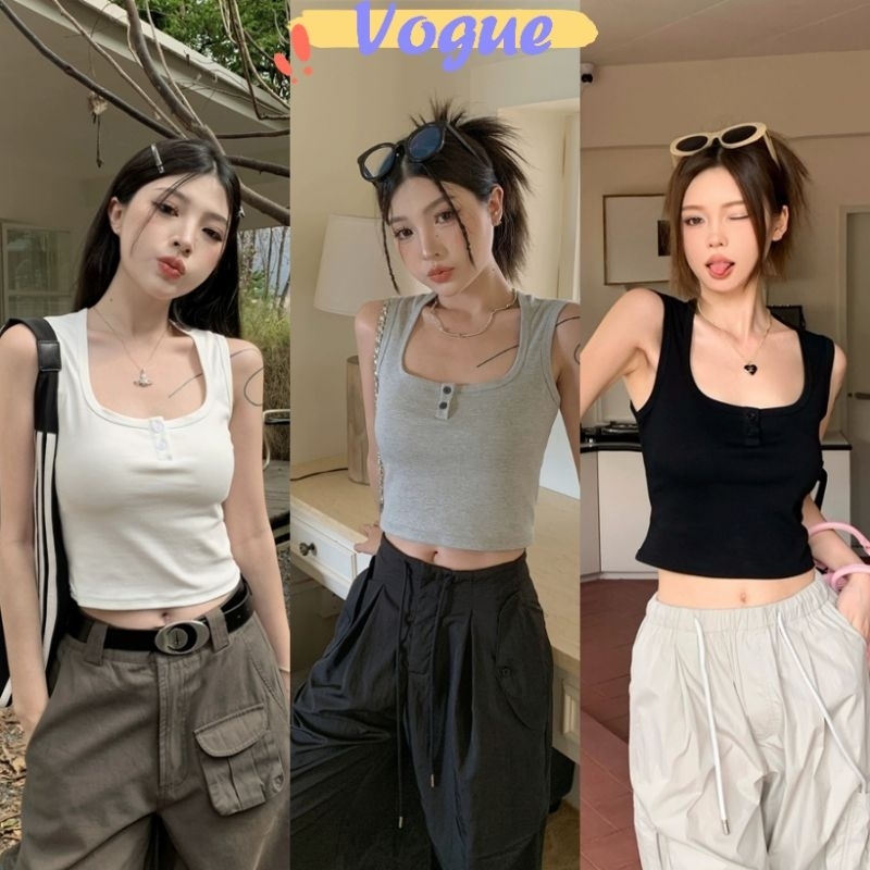 Vogue พร้อมส่ง เสื้อแขนกุดคอเหลี่ยม เสื้อกล้าม มีฟองน้ำ ใส่สบายเรียบง่าย (FY9683) -H