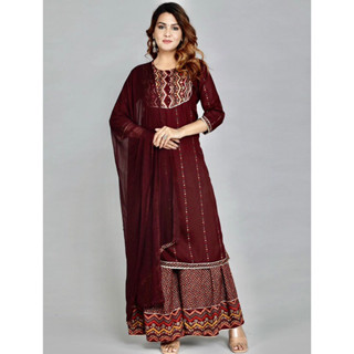 Women Maroon Embroidered Kurta with Sharara & With Dupatta ช…