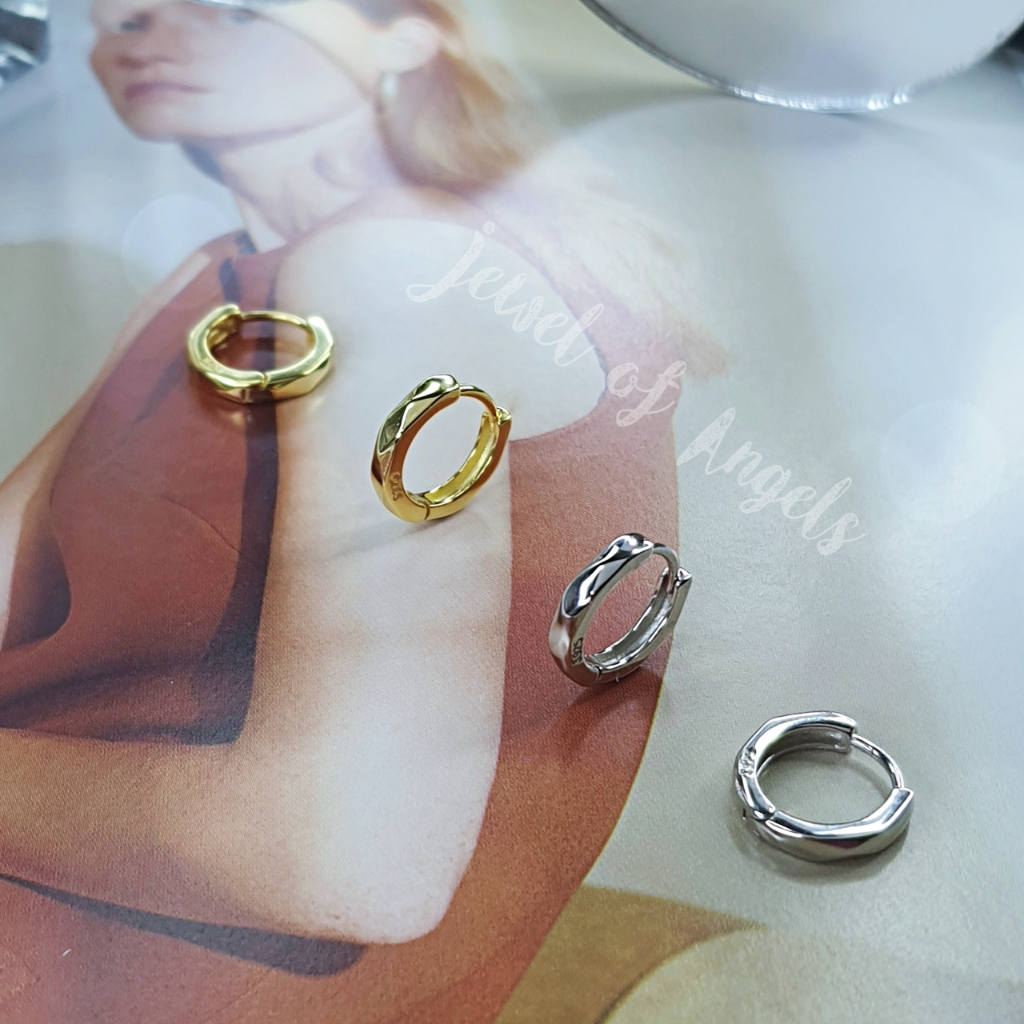 ต่างหูห่วงเงินแท้ S925 รุ่น Rhombus ห่วงลายไดมอนด์ สูงวงนอก 10.8 mm สีเงิน สีทอง ตุ้มหูห่วงSilver925