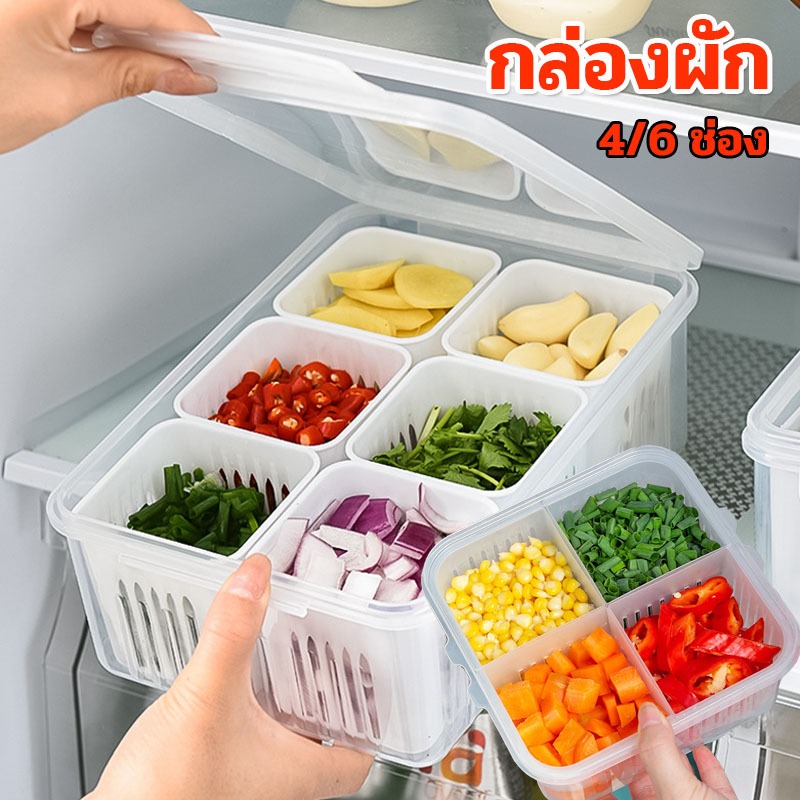 กล่องผัก กล่องใส กล่องเก็บอาหาร  พร้อมฝาปิด รักษาความสด แบ่งช่องระบายน้ํา  4/6 ช่อง