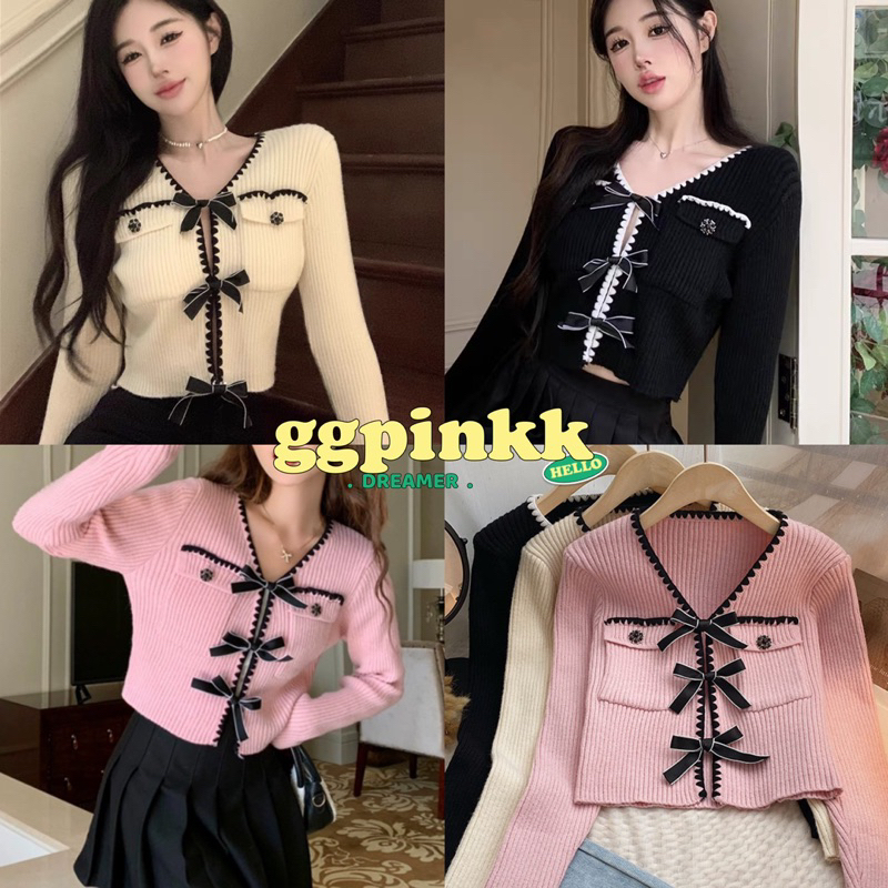 พร้อมส่ง🎀 เสื้อไหมพรมแขนยาว ผูกโบว์น่ารัก รับลมหนาว อก 32-38 นิ้ว ยาว 16 นิ้ว แขนยาว 22 นิ้ว
