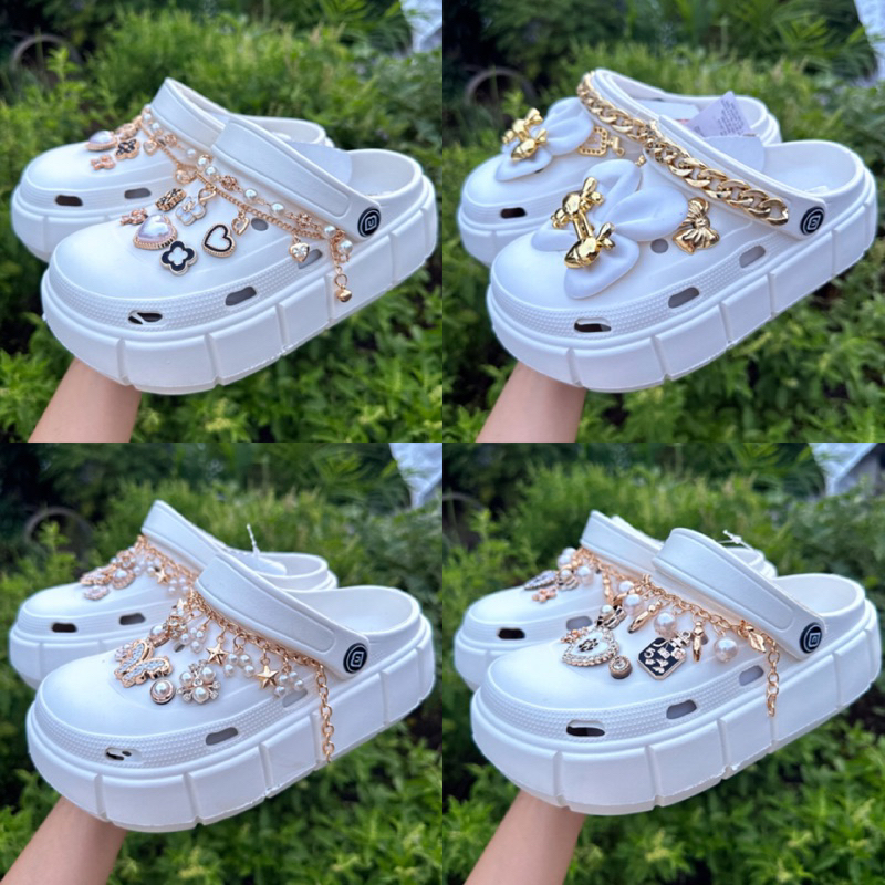 พร้อมส่ง (มีขนาด 29-41)รองเท้าหัวโต รองเท้าแตะแบบสวมรัดส้น รองเท้าแฟชั่น ตกแต่งไข่มุก สวยๆ หรูๆ พื้นสูง เสริมส้น 6 ซม.