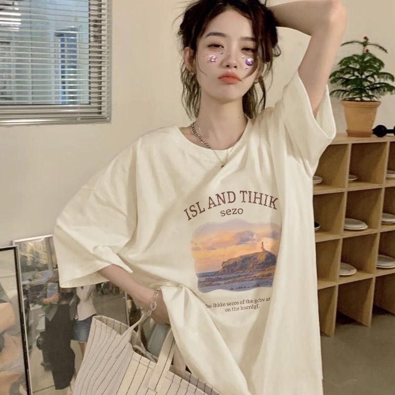 Sweet เสื้อยืด ครีม สกรีนลายภาษาอังกฤษ เสื้อยืดนิ่มใส่สบาย G7