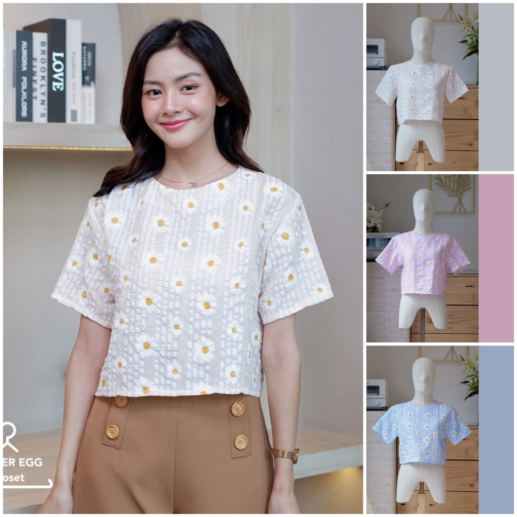 B16 เสื้อครอป ลายดอกเดซี่ ใส่ทํางาน ใส่เที่ยวได้ ผ้าไม่ต้องรีด Easter Egg
