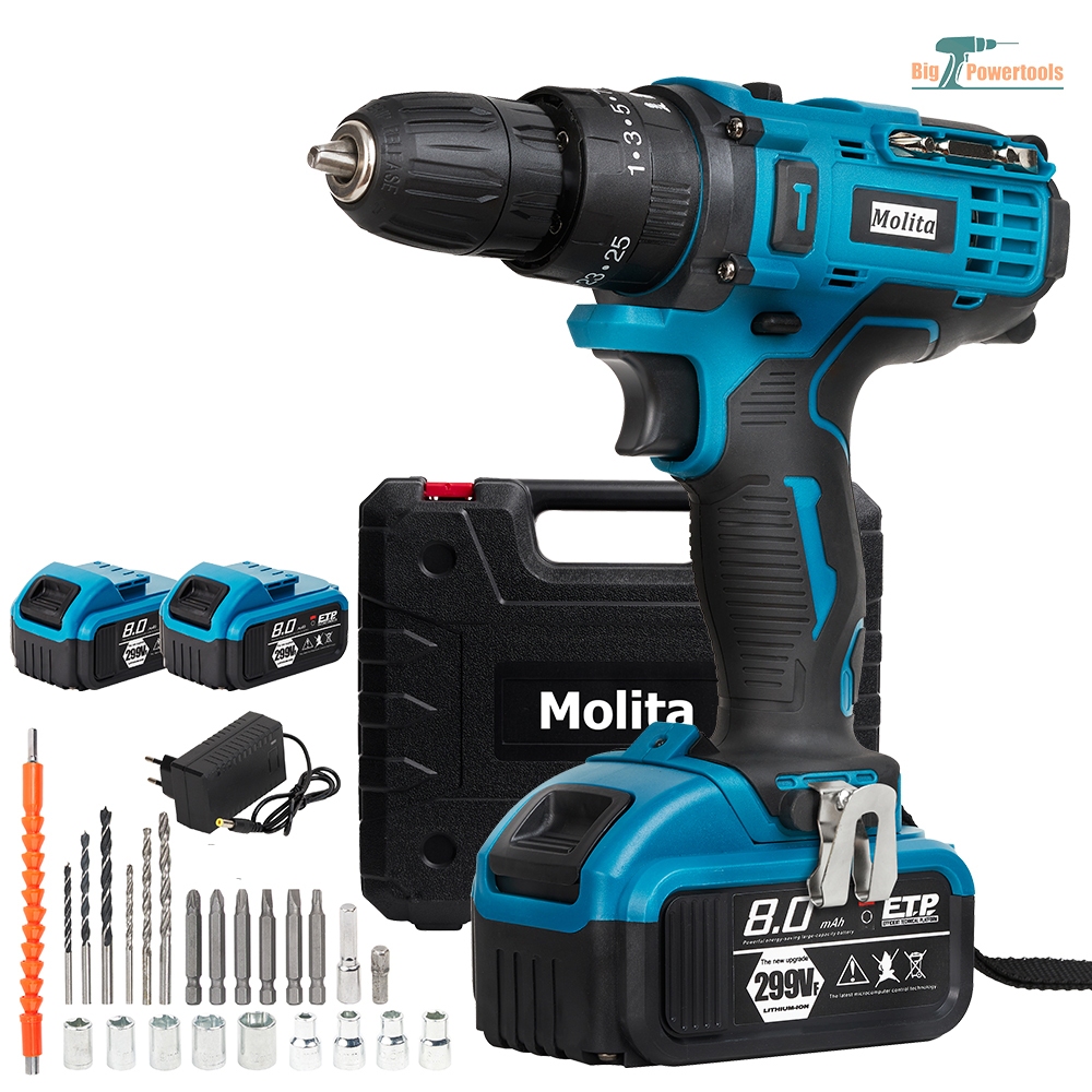 MOLITA สว่านไร้สาย 299V สว่านกระแทก 3 ระบบ แบต 2 ก้อน พร้อม ดอกสว่าน และ อุปกรณ์ เครื่องมือช่าง รวม 32ชิ้น M-09 สีฟ้า