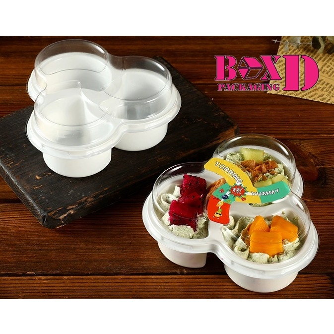 ถาดพลาสติกใส 3 ช่อง ดอกไม้ฐานขาว  ถาดอาหาร ถาดขนม แพค 20 ใบ XX097