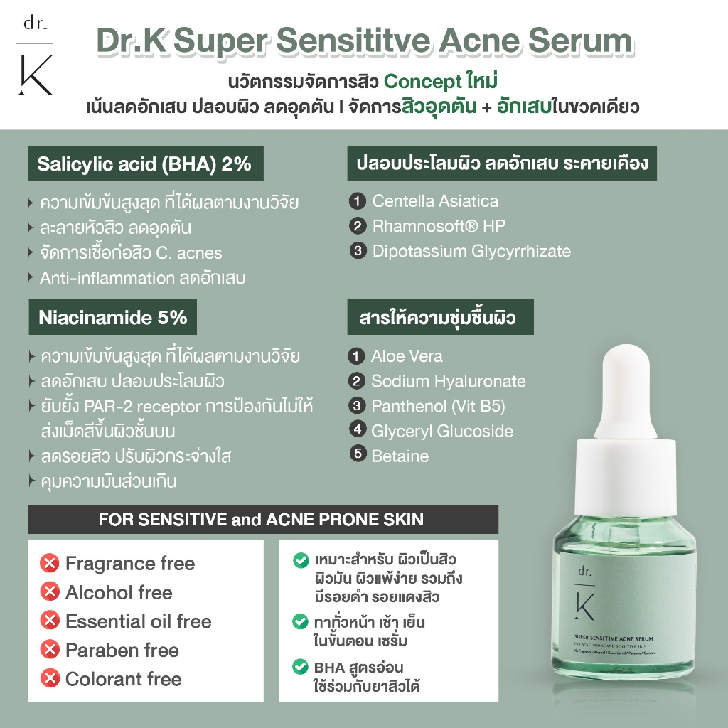 ลอตใหม่ (เซรั่มสิว หมอเก่ง) Dr.K super sensitive acne serum เซรั่มลดสิว สูตรอ่อนโยน สำหรับผิวแพ้ง่าย ราคา ถูกที่สุด ดีลบีเคเค แกลเลอรีภาพที่ 2