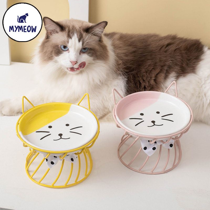 MYMEOW ชามแมว เซรามิกรองคอทรงสูง ชามอาหาร ปากตื้น เส้นผ่านศูนย์กลางใหญ่ ชามหน้าแบน ชามขนม ชามอาหารแม