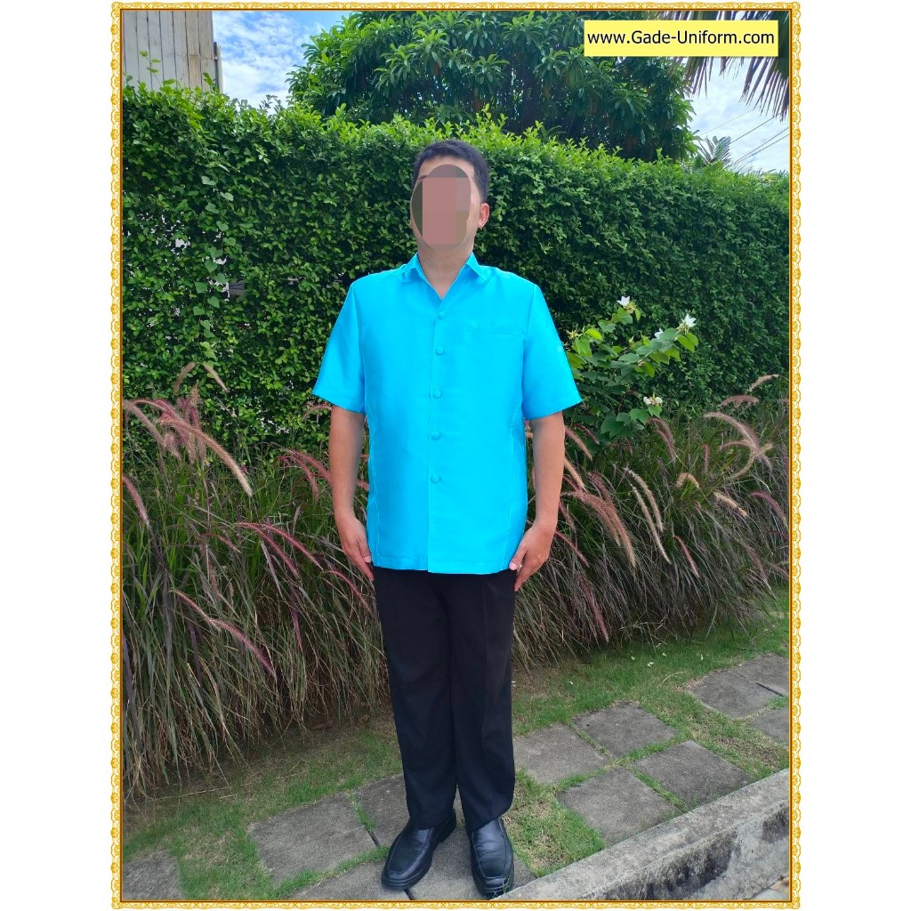 เสื้อผ้าไหมผู้ชาย สีฟ้า เสื้อพระราชทาน เสื้อสูทผ้าไทยของผู้ชาย