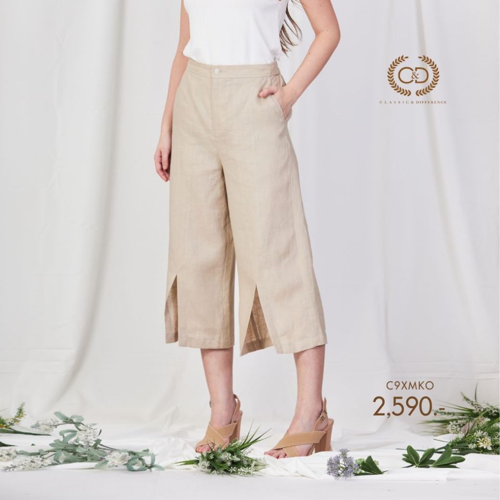 C&D กางเกง ทรง หลวม ญ ขาห้าส่วน ทรงตรง ผ่าหน้า สีกากี C9XMKO