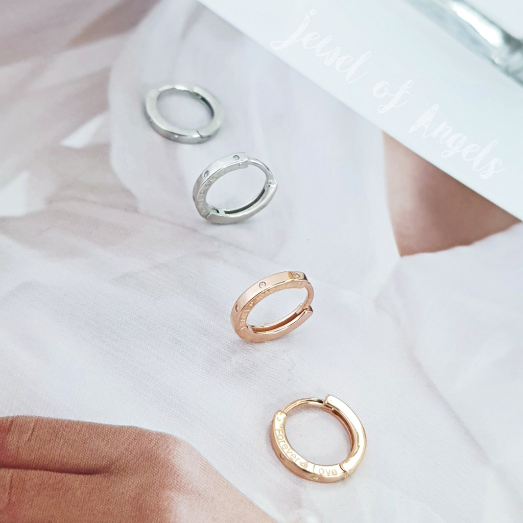 ต่างหูเงินแท้ S925 รุ่น Forever Love ต่างหูห่วงเล็ก เพชรCZ 3เม็ด สีเงิน พิงค์โกลด์ ตุ้มหูเงินS925