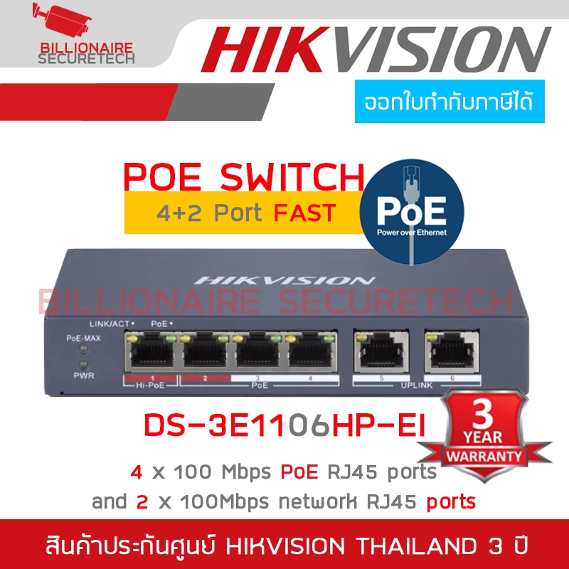 HIKVISION DS-3E1106HP-EI : 4 Port Fast Ethernet Smart POE Switch BY BILLIONAIRE SECURETECH