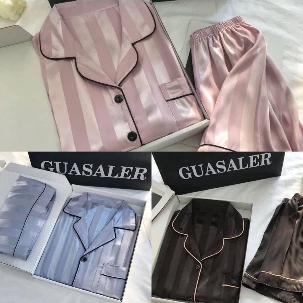 G122 ★ส่งจากไทย★ชุดนอนซาตินแขนสั้นขาสั้น สีพื้นลายตรง แฟชั่นสไตล์เกาหลี