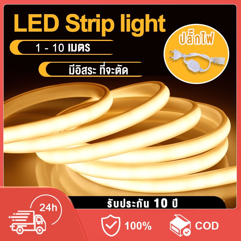 ไฟแต่งห้อง แถบไฟ LED ไฟนีออน COB แสงอบอุ่น 1M / 5M / 10M พร้อมปลั๊ก 220VAC ไฟนีออน ตัดทุก ๆ 1 เมตร