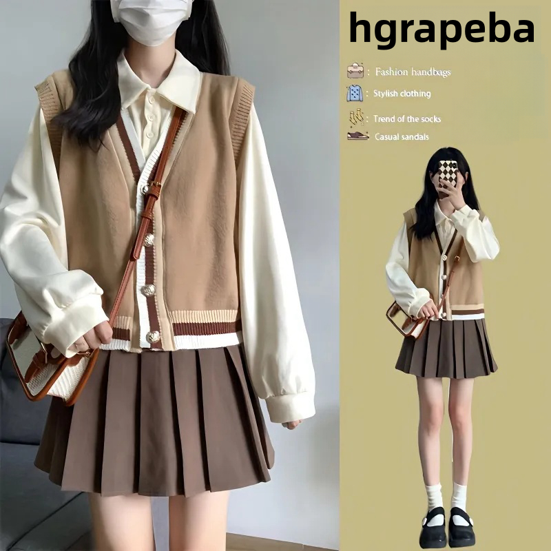 ชุดเซท3ชิ้น เสื้อกั๊กไหมพรม+เสื้อเชิ้ตแขนยาว+กระโปรงพลีท ผ้านิ่มมาก ใส่สบาย แฟชั่นสไตล์เกาหลี(ขายแยก)2023